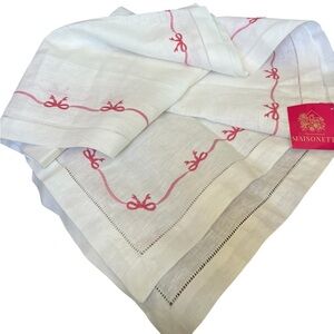 Maisonette White /Pink Embroidered table runner linen pink bow detail 16x96 NWT